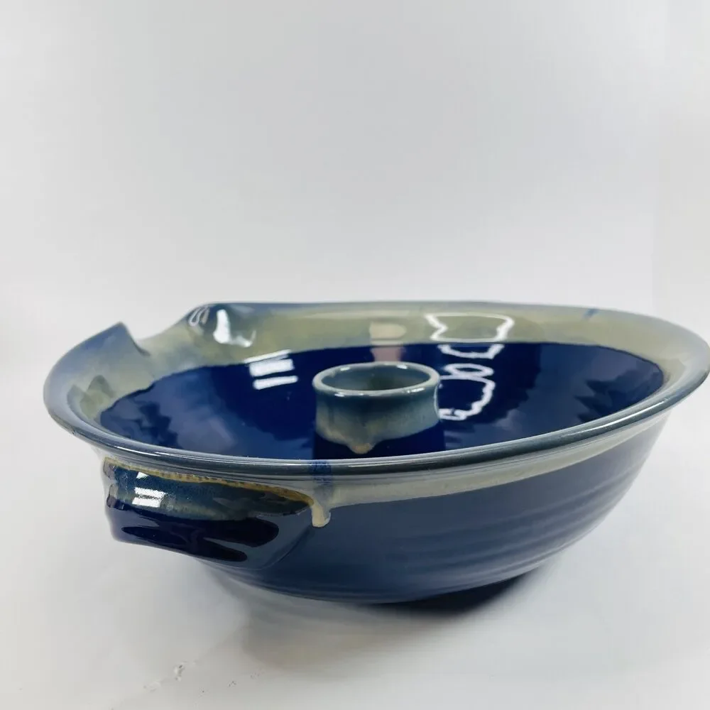 Tumbleweed Pottery Handmade Blue Glazed Ceramic Bundt Pan Chicken Roaster